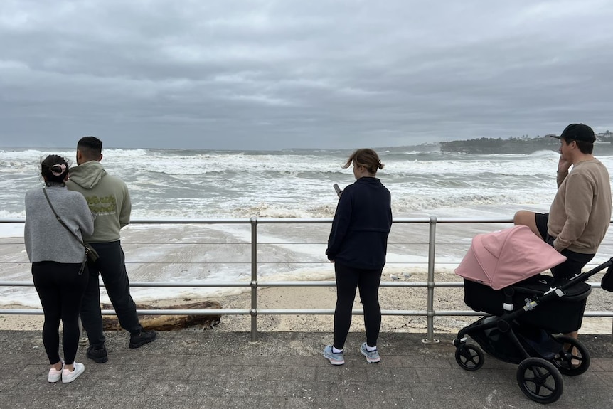 people on a ramp watching rising waves