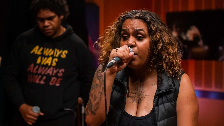 Miiesha in the triple j Like A Version studio covering Beyoncé's 'Freedom' with JK-47