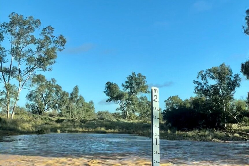 A slightly flooded creek with a flood marker next to it.