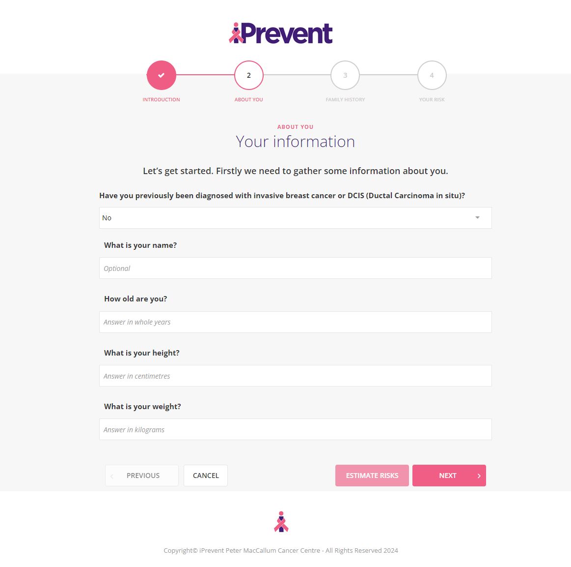 A screenshot of the iPrevent breast cancer risk assessment tool website