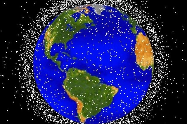 Computer generated image of the amount of space junk near earth.