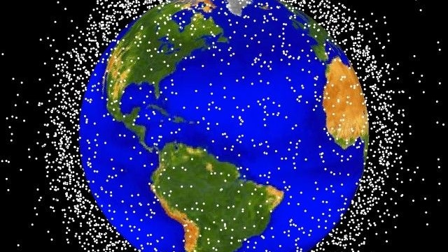 Computer generated image of the amount of space junk near earth.