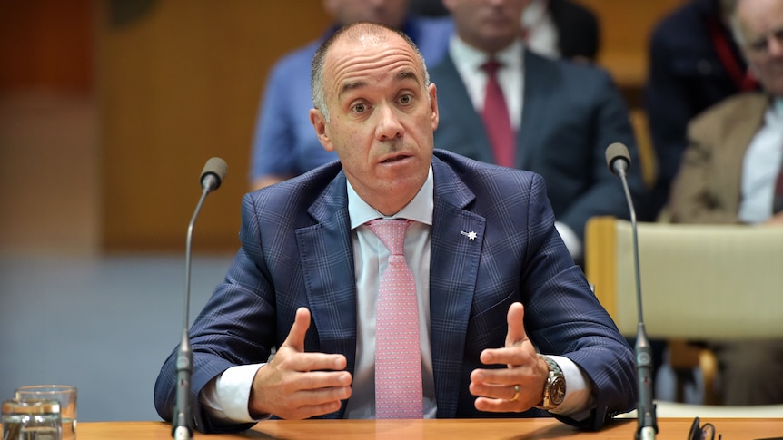 Andrew Thornburn wearing navy suit and pink tie sits between two microphones, gesturing with hands