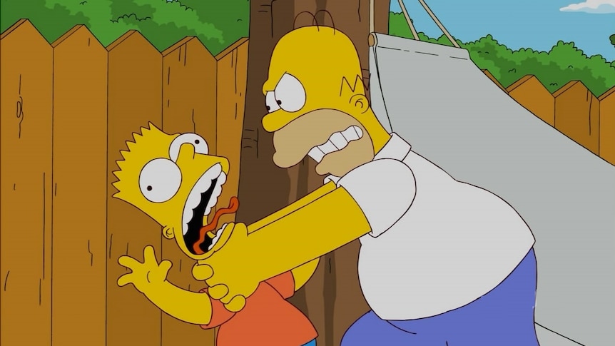 Homer strangles Bart in The Simpsons.
