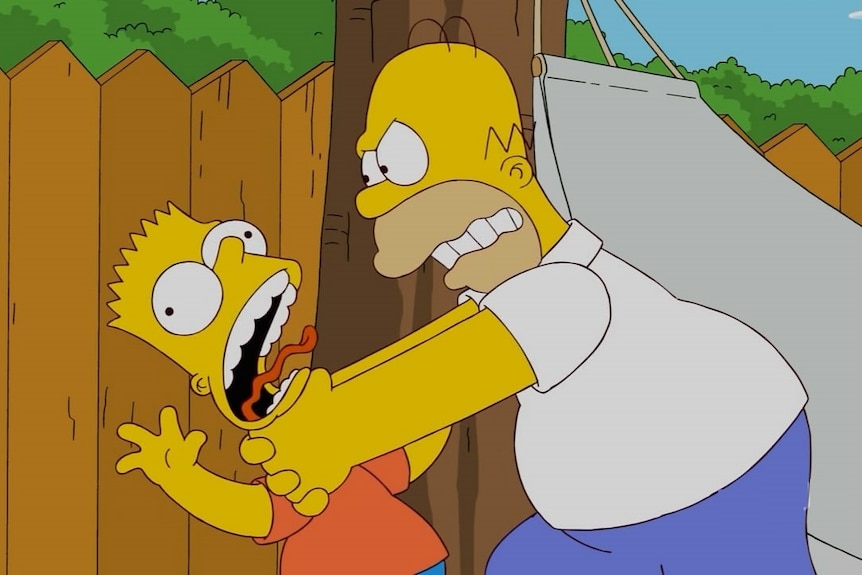 Homer strangles Bart in The Simpsons.