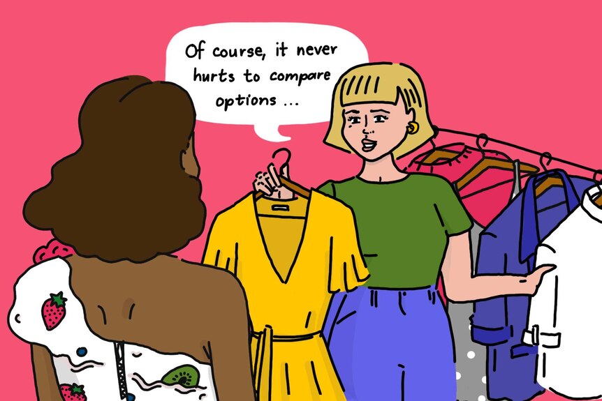 Illustration shows woman encouraging friend to try on other outfit options, rather than telling a white lie