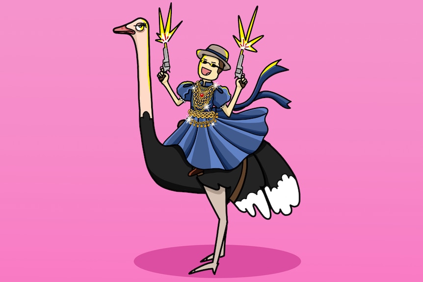 Illustration of a man wearing a hat, blue dress and gold chains, riding an unimpressed ostrich and firing pistols in the air