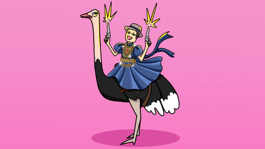 Illustration of a man wearing a hat, blue dress and gold chains, riding an unimpressed ostrich and firing pistols in the air