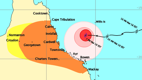 The core of the cyclone is predicted to cross the coast between Innisfail and Mission Beach between 7am and 9am AEST on Monday.