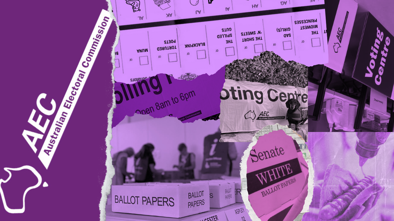 A purple collage of Australian Electoral Commission images