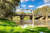 A river flows under a wooden bridge, with grass in the foreground and clouds in a blue sky