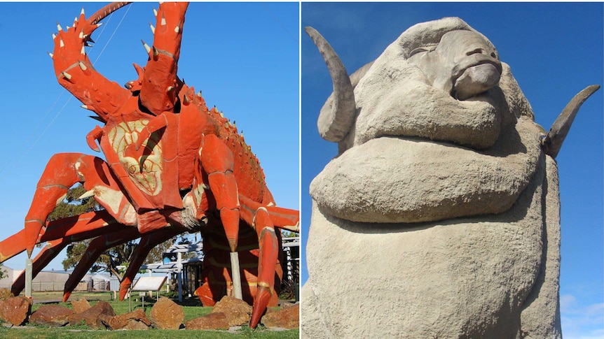 Composite image: A giant lobster statue and a giant merino statue