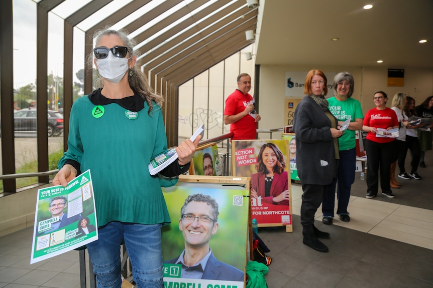 A woman in a Greens t-shirt holds out a pamphlet in front of political posters.