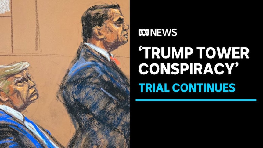 'Trump Tower Conspiracy', Trial Continues: Courtroom sketch of Donald Trump and his lawyer.