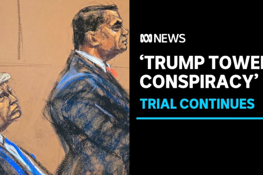 'Trump Tower Conspiracy', Trial Continues: Courtroom sketch of Donald Trump and his lawyer.