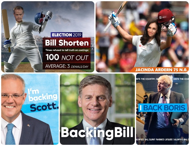 Social media memes with Jacinda Adern and Bill Shorten playing cricket and the "I'm backing" slogan repeated.