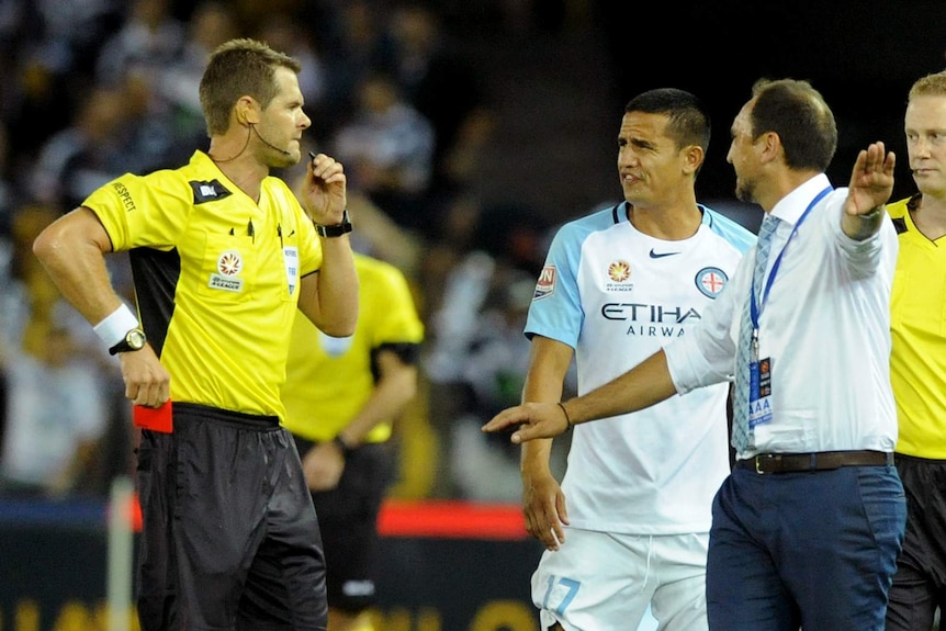 Tim Cahill has words with the referee