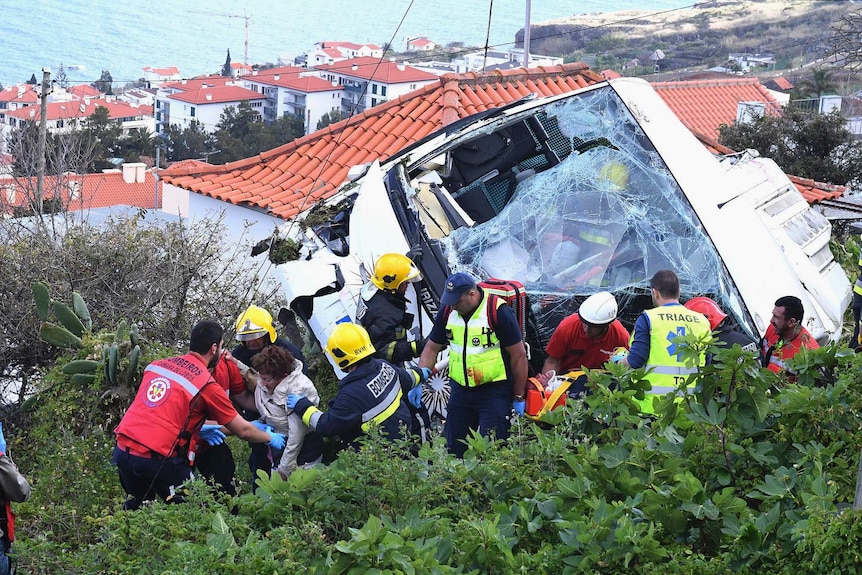 Rescue officials look through the area near a bush crash on Madeira Island.