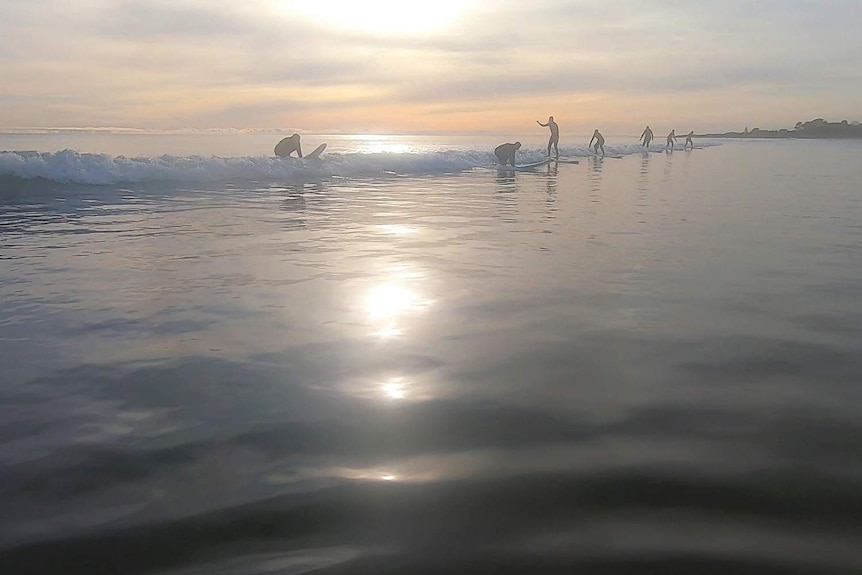 All seven surfers ride a wave together, stretching along the beach