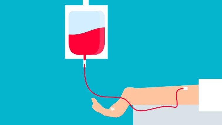Picture graphic of someone giving blood, there is a blue backdrop to the picture 