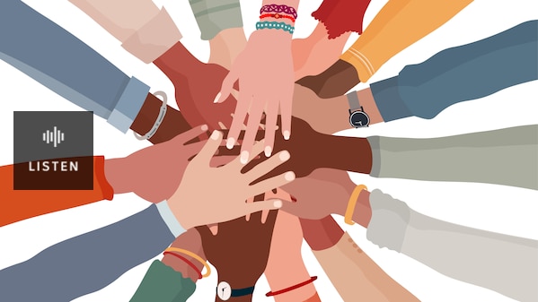 Many hands reaching into the centre of a circle. Has Audio.