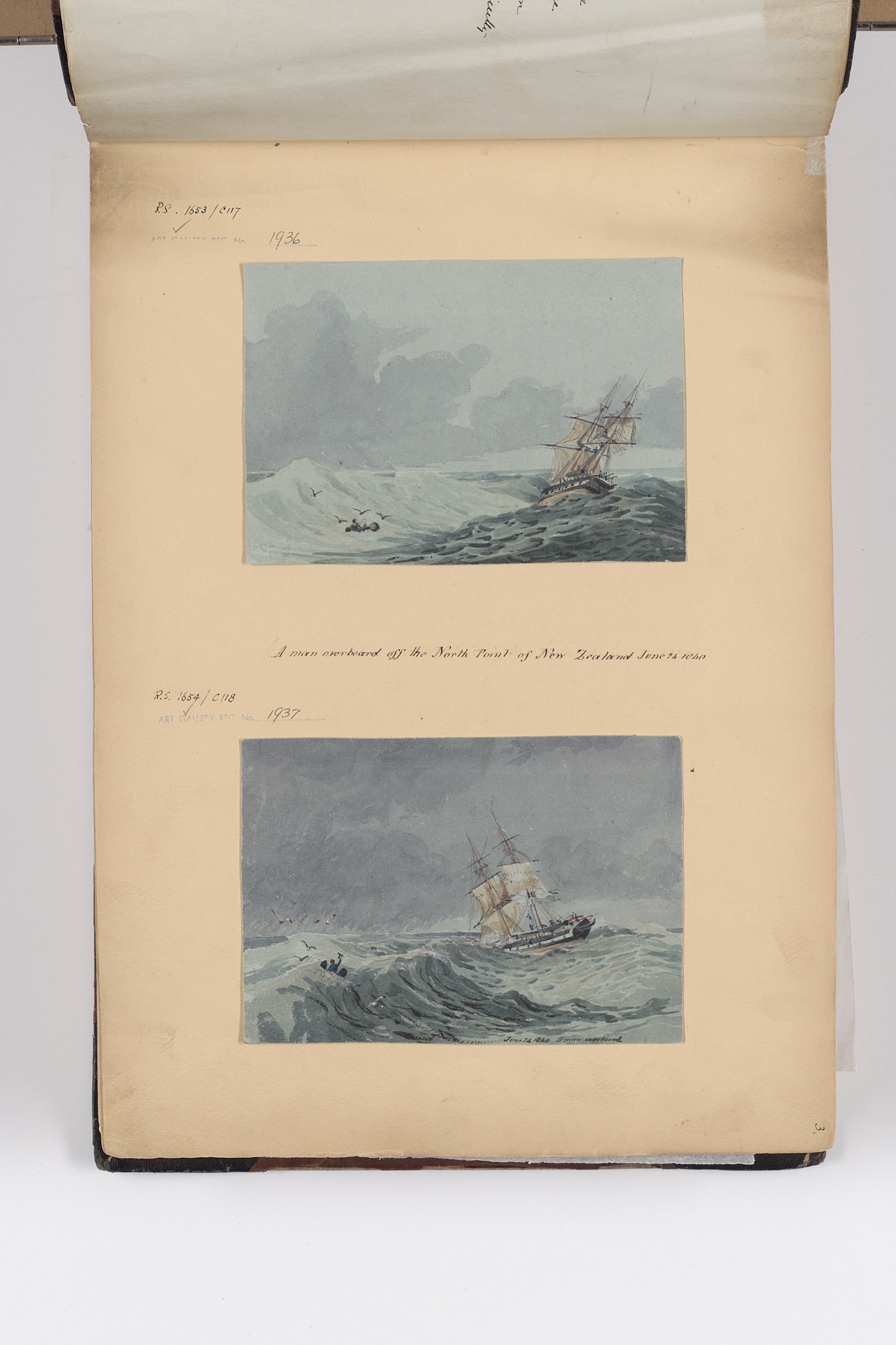 Two watercolour paintings show a man in the water, near a ship, with birds surrounding him.