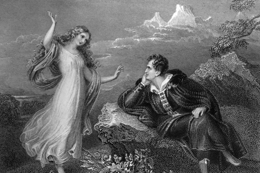 Black-and-white illustration of Lord Byron (1788 - 1824) 'being visited by his muse'.