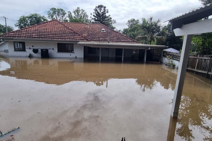 An image of a white queenslander with red roof half covered by flood water