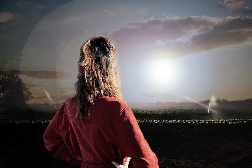 A woman stares out to look at a field (edited image).