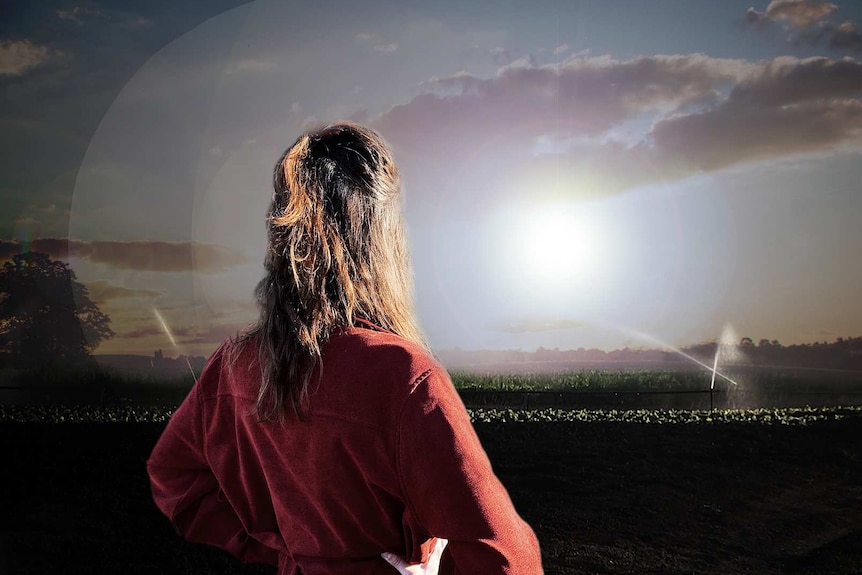 A woman stares out to look at a field (edited image).