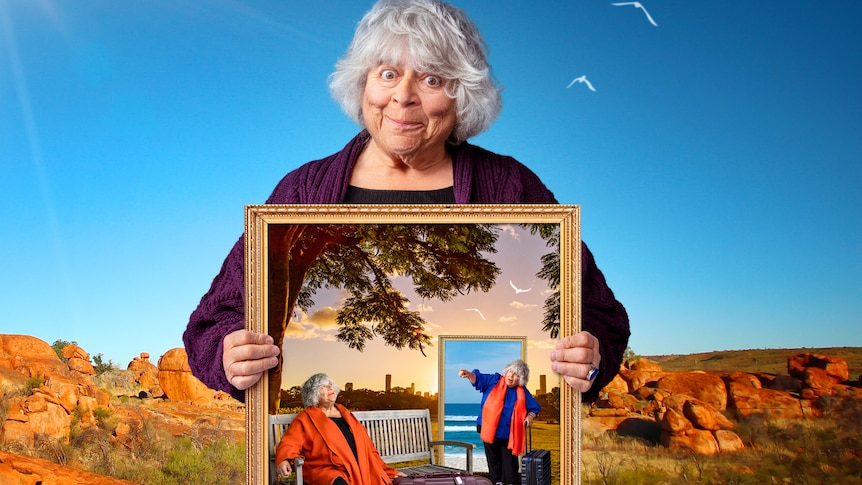 A computer-edited picture of Miriam Margolyes holding a frame that shows her in different locations in Australia.