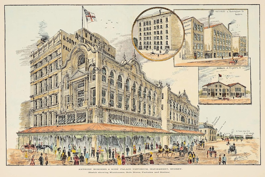 An engraving depicting a large 1889 department store in Sydney.