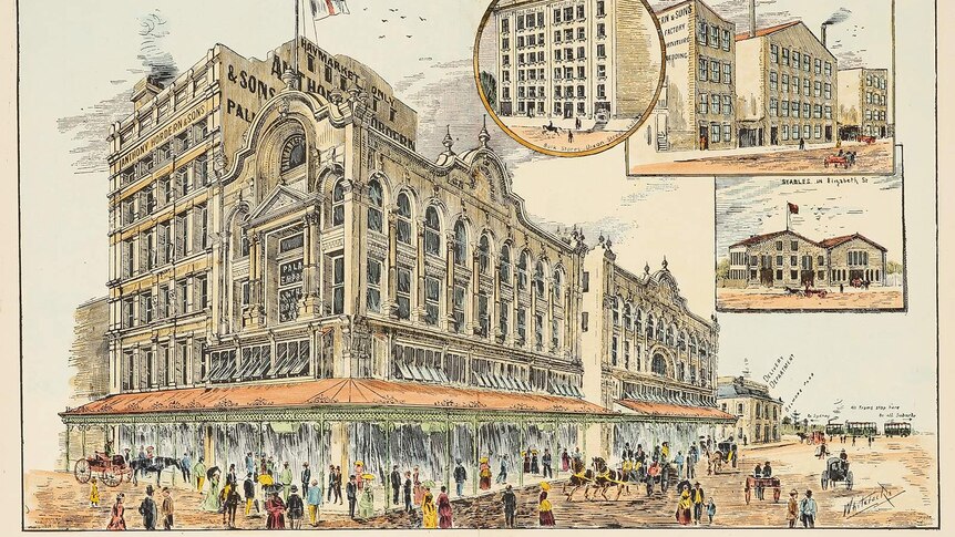 An engraving depicting a large 1889 department store in Sydney.