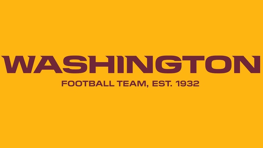 The words "Washington Football Team, est 1932" in maroon letters in the centre of a yellow background