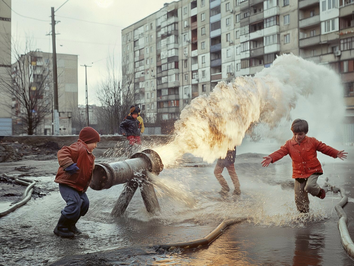 kids play at hydrant with fire coming out instead of water