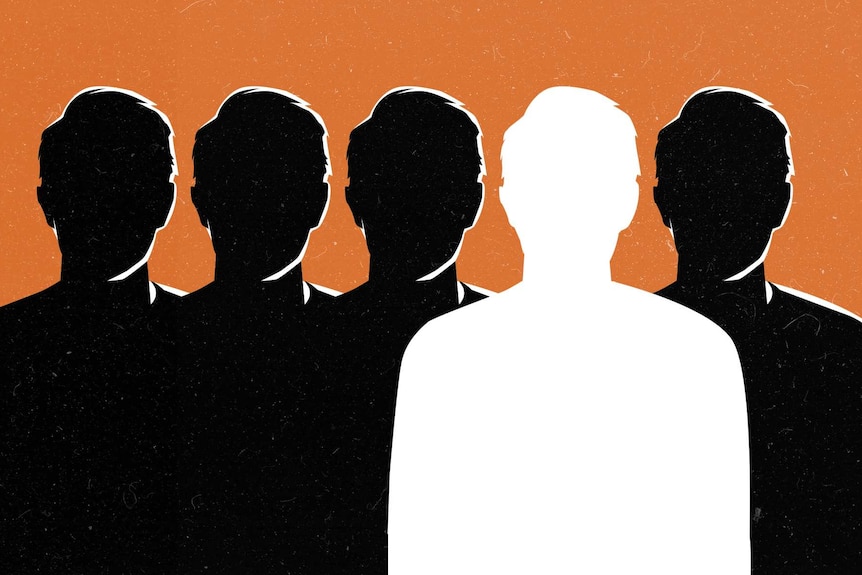 An illustration of four men in silhouette and one in the light