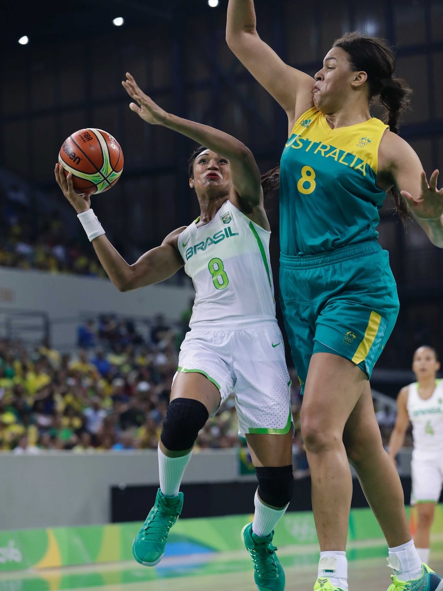 Liz Cambage blocks in The Opals game against Brazil in Rio