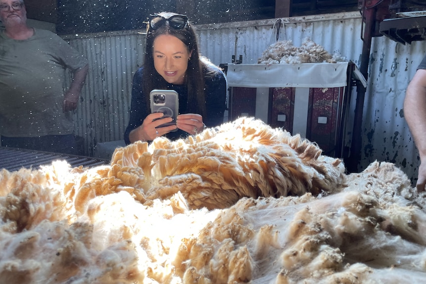 Photo of a woman taking photos of wool.