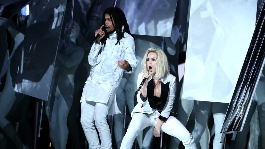 Skip Marley and Katy Perry perform Chained to the Rhythm on stage at the Grammys