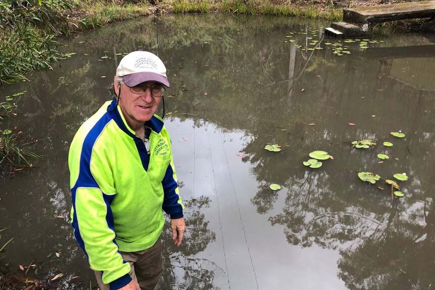 Owen Bennedick, from Wappa Falls Observatory outside Yandina, stands beside his full dam.