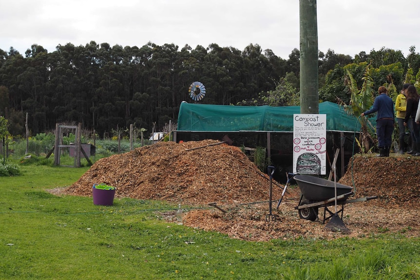 A big pile of wood chips at Fair Harvest Permaculture Farm in Margaret River