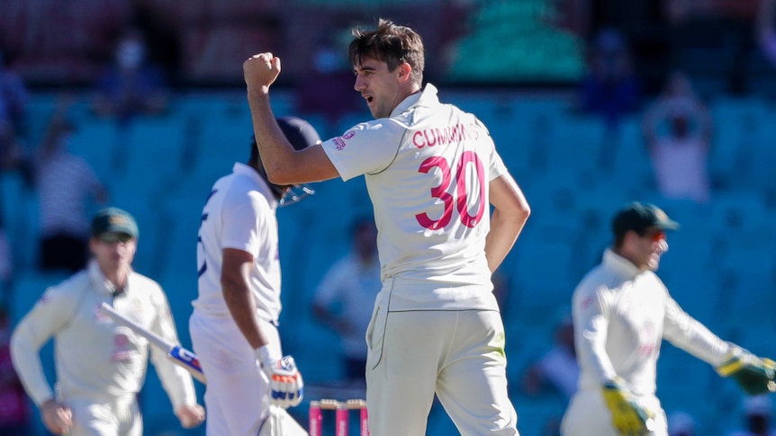 Australia bowler Pat Cummins clenches his fist in glee after an Indian wicket at the SCG.