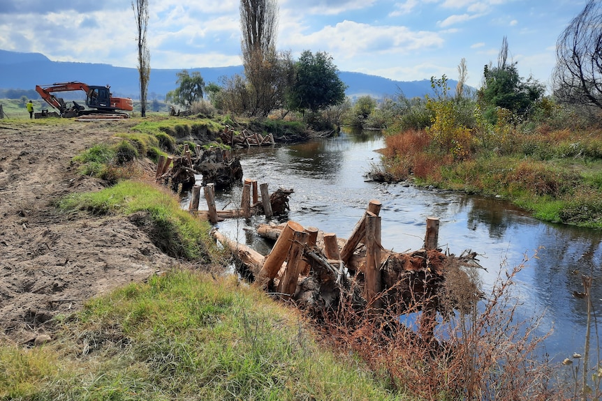 A piece of heavy machinery sits beside the bank of a creek, with logs and tree stumps exposed on the bank