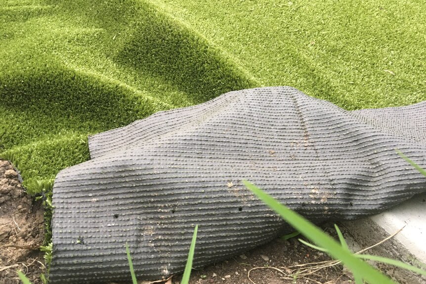 Artificial grass rolled over to show the black backing. 