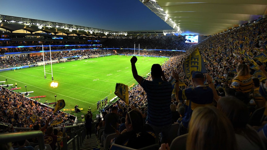 A crowd celebrates an Eels try at Parramatta Stadium