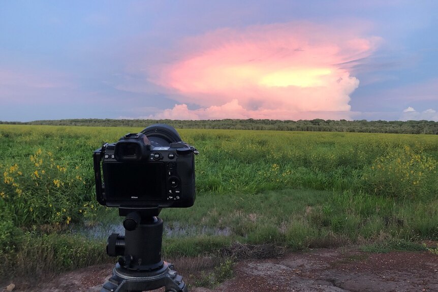 Camera set up in front of a storm