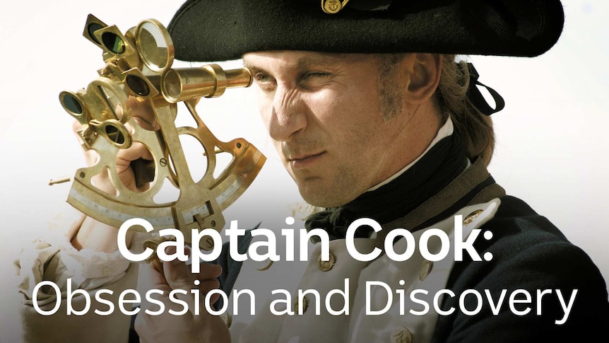 Actor dressed as Captain Cook peering through a old eyeglass