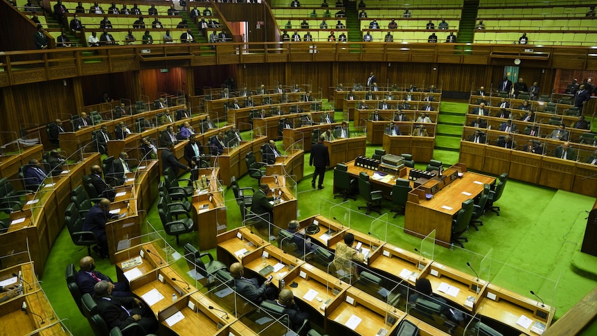 Politicians sit at their seats in a bright green carpeted chamber. Several chairs are empty