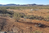 Distant view of Pine Hill Station features buildings, clear blue sky, distant low ranges, red-brown earth & khaki shrubs trees
