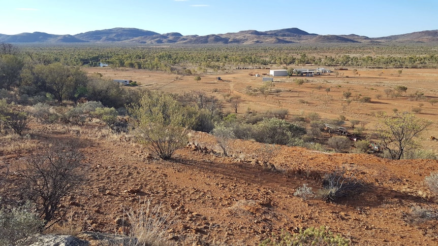 Distant view of Pine Hill Station features  buildings, clear blue sky, distant low ranges, red-brown earth, khaki shrubs & trees